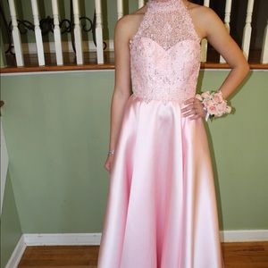 Long Open-Back Alyce Dress with High Neck Size 0